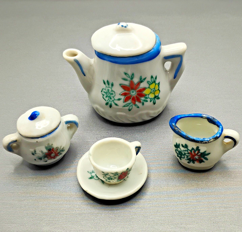 Vintage Occupied Japan Miniature Porcelain Floral Tea Set Teapot Cups Saucers 6p